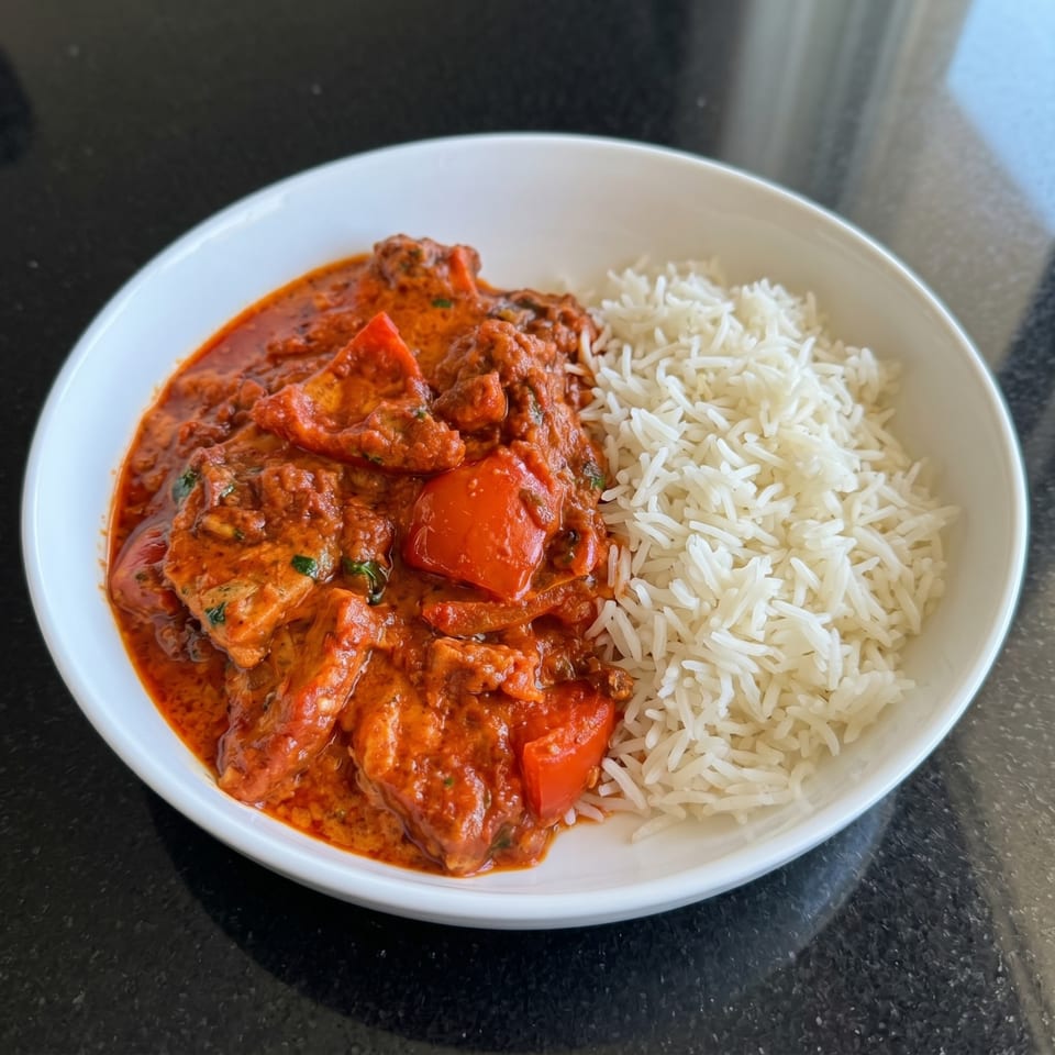 A white bowl filled with vibrant red chicken tikka masala and fluffy white basmati rice.