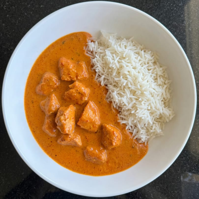 A white bowl filled with orange chicken curry and white rice on a dark countertop.