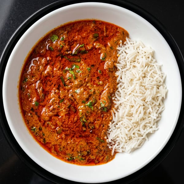 Overhead view of a white bowl with orange curry and white rice on a black background.